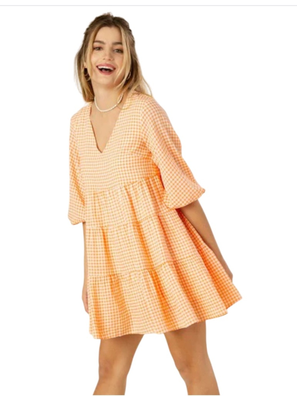 Lilou brand orange gingham tiered dress